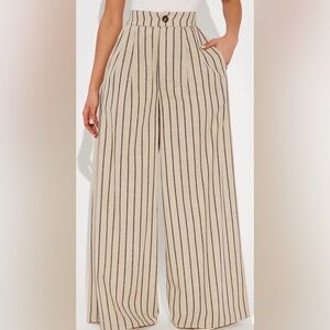 Fashion Nova Beige Wide Leg Stripe Pants with Black Pinstripes